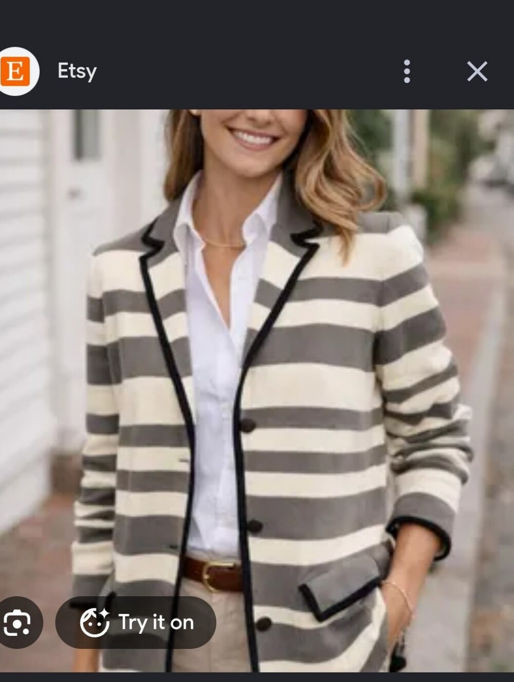 LOFT Gray and Cream Striped Blazer Cardigan with Black Trim, P2P 18", Cotton